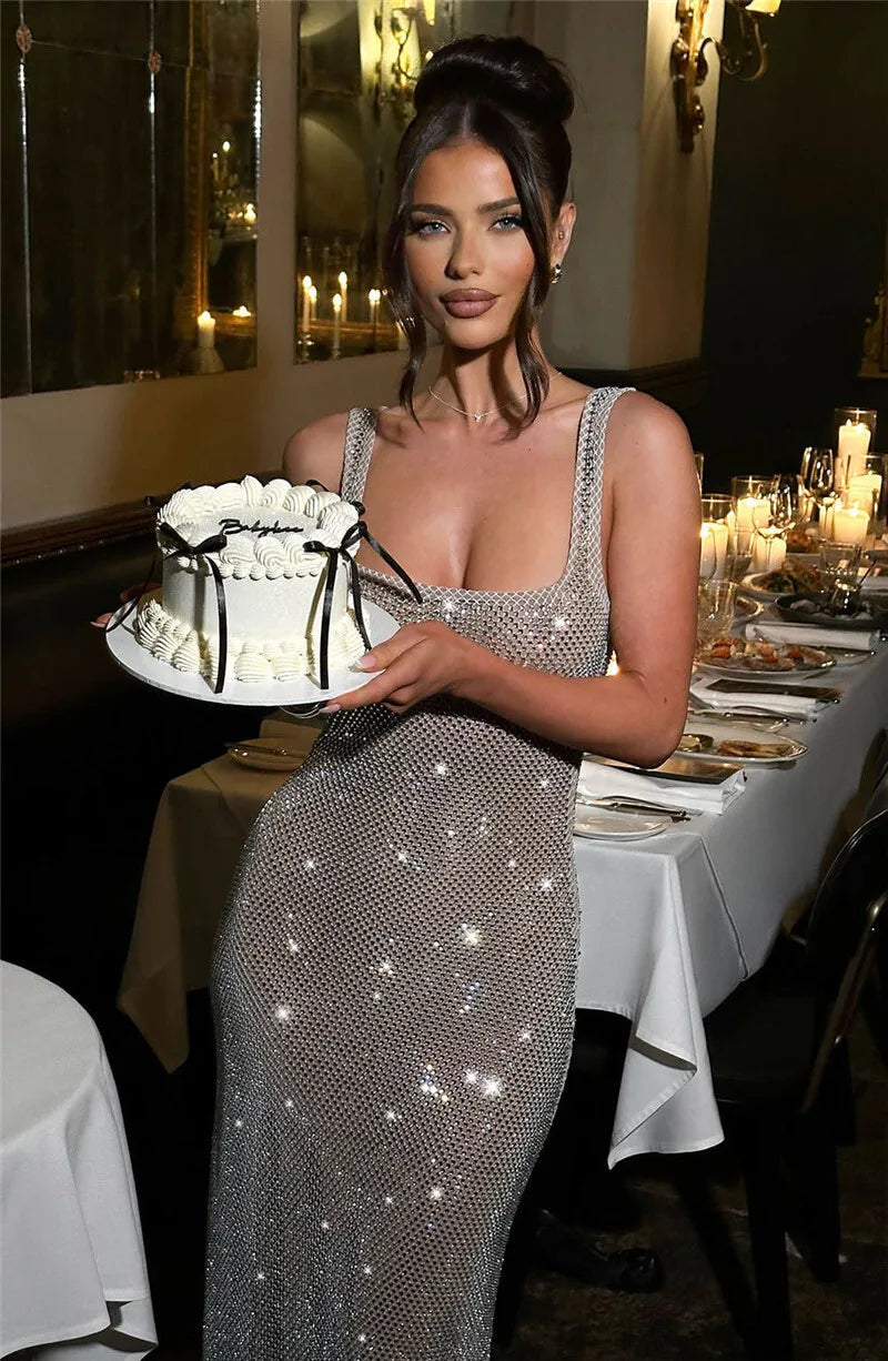 Sequins Backless Sexy Maxi Dress For Women Gown Fashion Sparkle Square Collar Sleeveless Bodycon Club Long Dress