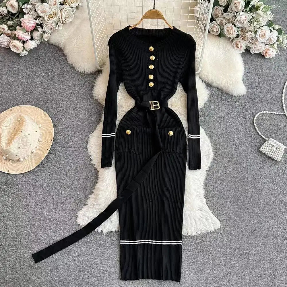 Korean Fashion Women's Stripe V Neck Elegant Slim Long Sleeved Dress Spring Vacation Single Breasted Office Knitted Dress Casual