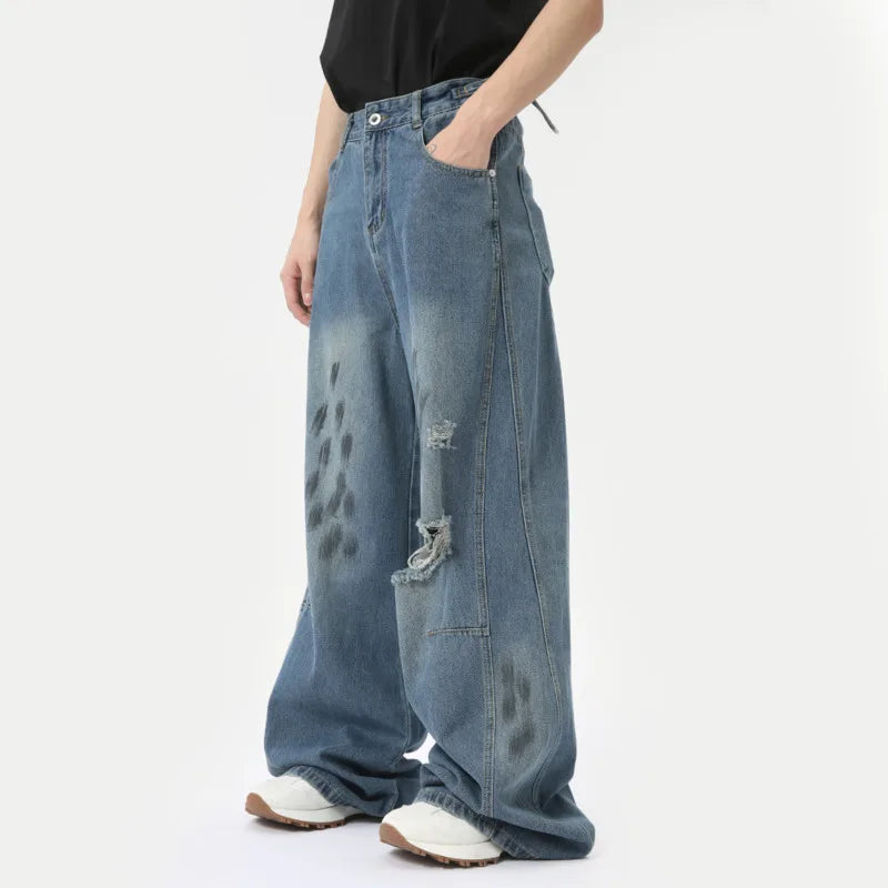 Summer Men's Denim Pants New Streetwear Distressed Dirty Printed Straight Leg Jeans Trendy Male Hole Design Trousers 9C5973