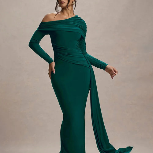 Load image into Gallery viewer, Skew Collar Long Sleeve Sexy Maxi Dress For Women Gown Fashion Backless Draped Ruched Bodycon Club Long Dress Elegant

