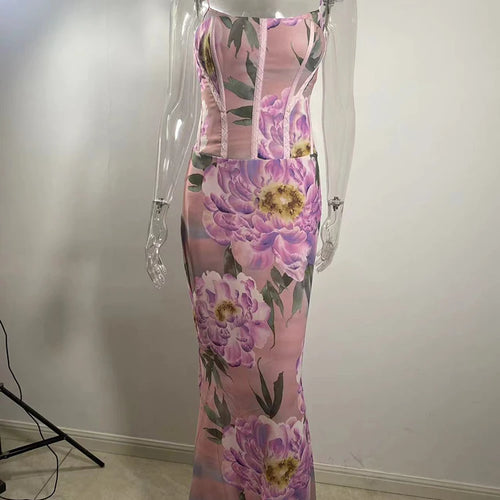 Load image into Gallery viewer, Pink Floral Sexy Maxi Dress Women Gown Spaghetti Strap Sleeveless Backless Elegant Evening Club Party Long Dress
