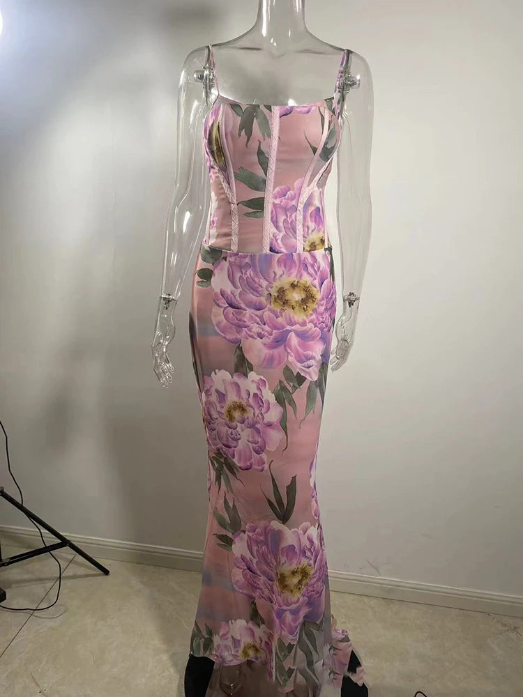 Pink Floral Sexy Maxi Dress Women Gown Spaghetti Strap Sleeveless Backless Elegant Evening Club Party Long Dress