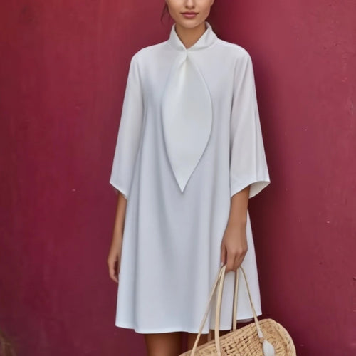 Load image into Gallery viewer, Summer Cotton Tie Neck Mini Dress for Women 2025 New Elegant Three-quarter Sleeves Simple Shirt Dresses Outfits Woman
