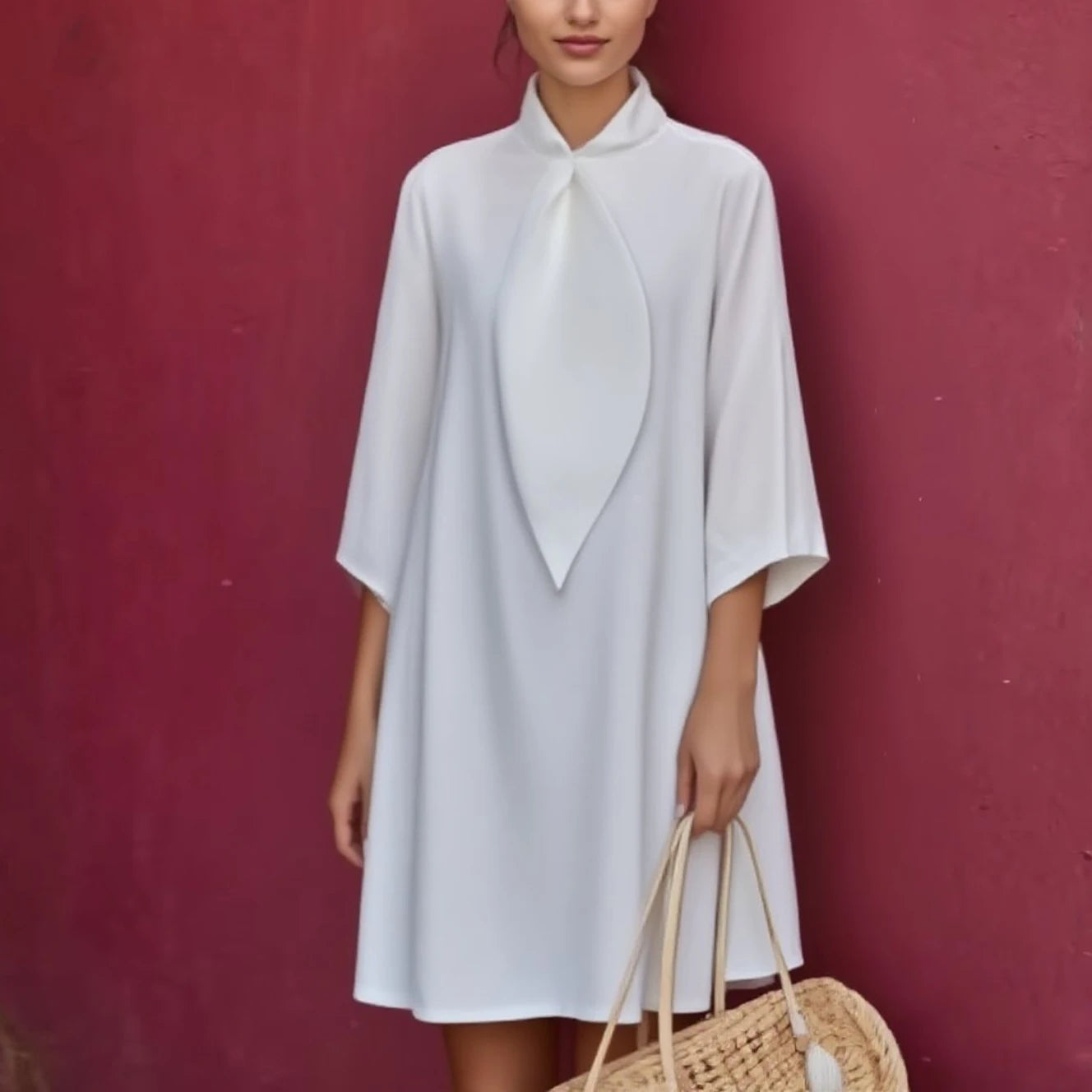 Summer Cotton Tie Neck Mini Dress for Women 2025 New Elegant Three-quarter Sleeves Simple Shirt Dresses Outfits Woman