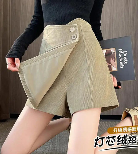 Korean Vintage Black Beige High Waist Corduroy Mini Shorts Women 2024 New Fashion Autumn Winter Elegant A-line Short Pant Casual