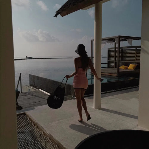 Load image into Gallery viewer, Off-shoulder Strapless Sexy Knit Dress Women Robe Contrast Color Sleeveless Backless Bodycon Beach Mini Dress Knitwear
