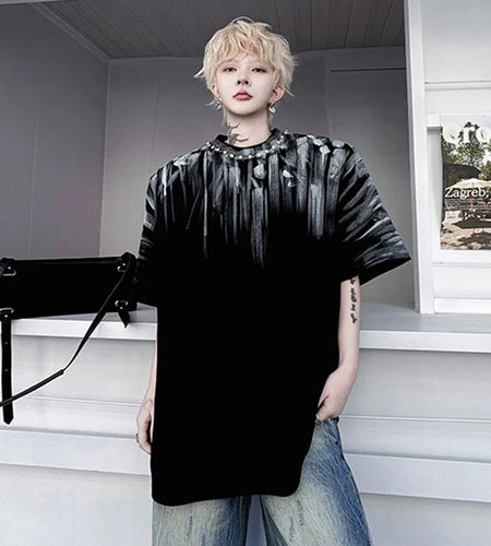 Men's T-shirts New Summer Round Neck Nail Bead Drawn Pattern Loose Male Short Sleeved Pullover Casual Menwear 9W1795