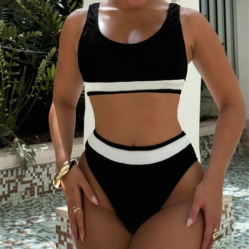 Load image into Gallery viewer, Patchwork Bandeau High Waist Bikini Set 2024 Bandage Swimwear Women Swimsuit Two Pieces Biquini Bathing Suit
