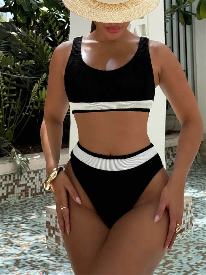 Patchwork Bandeau High Waist Bikini Set 2024 Bandage Swimwear Women Swimsuit Two Pieces Biquini Bathing Suit