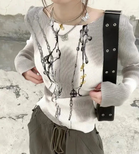 Japanese Harajuku Sweaters Women Casual Loose Knitted Pullover Chain Letter Patchwork Print Streetwear Vintage Aii Match Jumper