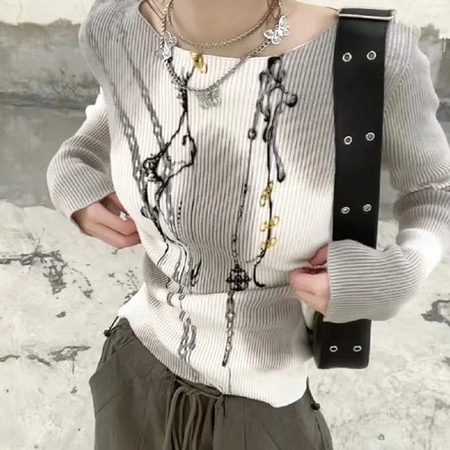 Load image into Gallery viewer, Japanese Harajuku Sweaters Women Casual Loose Knitted Pullover Chain Letter Patchwork Print Streetwear Vintage Aii Match Jumper
