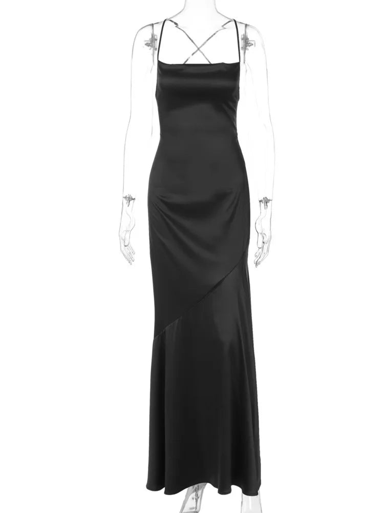Spaghetti Strap Backless Sexy Maxi Dress Women Gown Black Satin Slipdress Sleeveless High Waist Club Party Long Dress