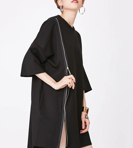 Women Black Zipper Irregular Big Size Long T-shirt New Round Neck Half Sleeve Fashion Tide Spring Summer 2025 1DJ1877