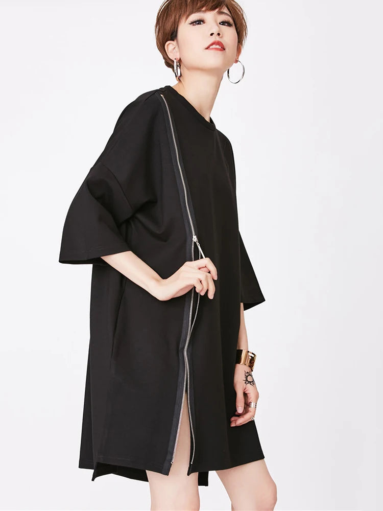 Women Black Zipper Irregular Big Size Long T-shirt New Round Neck Half Sleeve Fashion Tide Spring Summer 2025 1DJ1877