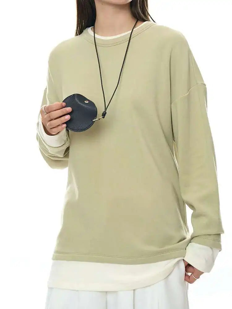 Women Black Hem Color-block Big Size Casual T-shirt New Round Neck Long Sleeve Fashion Tide Spring Autumn 2025 1DH8666