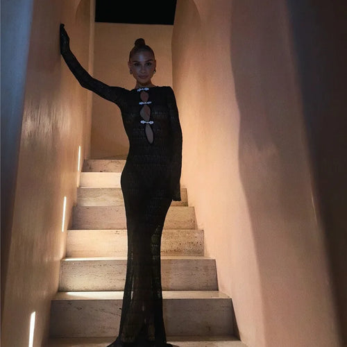 Load image into Gallery viewer, Hollow Out Knit Sexy Maxi Dress Women Fashion See Through Smock Dress Elegant Long Sleeve Backless Fishtail Dress
