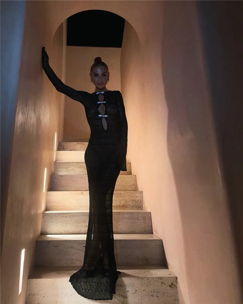 Hollow Out Knit Sexy Maxi Dress Women Fashion See Through Smock Dress Elegant Long Sleeve Backless Fishtail Dress