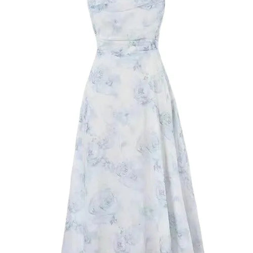 Load image into Gallery viewer, Summer Blue Flower Sleeveless Elegant Pleated Slip Long Dresses Fashion Women Vintage High Waist Backless Vacation Sundress Boho
