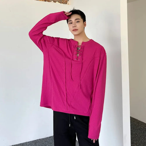 Load image into Gallery viewer, Drawstring Long Sleeve T-shirt New Fashion Men&#39;s Clothing Round Collar Solid Color Patchwork Top Autumn Trend 9C1350
