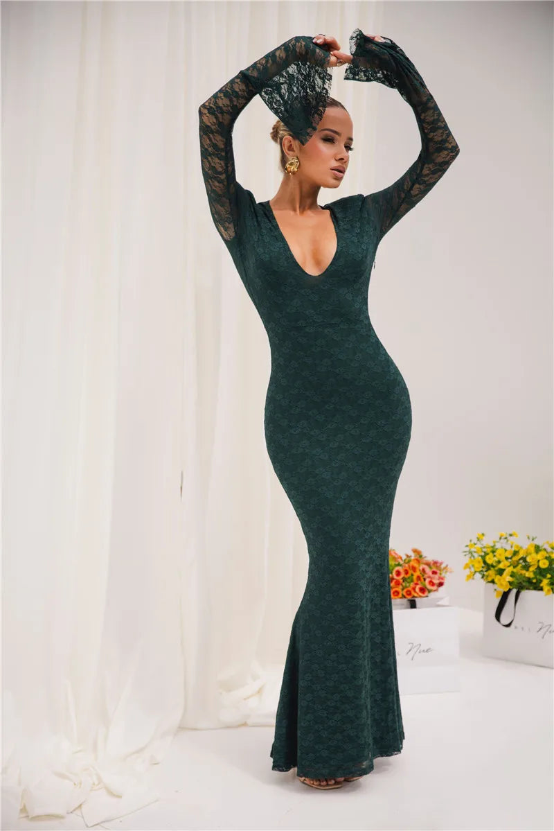 Elegant Lace Long Sleeve Sexy Maxi Dress For Women Fashion Deep V Neck Bodycon Party Club Sexy Long Dress Fashion