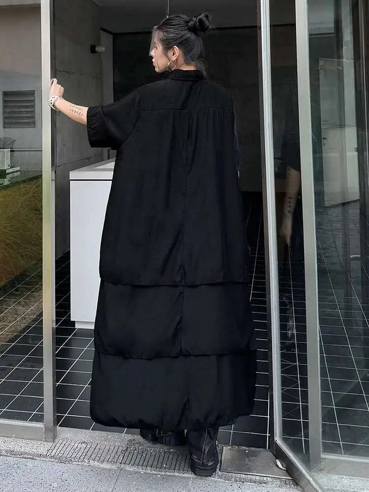 Women Black Layers Back Long Big Size Long Shirt Dress New Lapel Short Sleeve Fashion Tide Spring Summer 2025 1DH6073