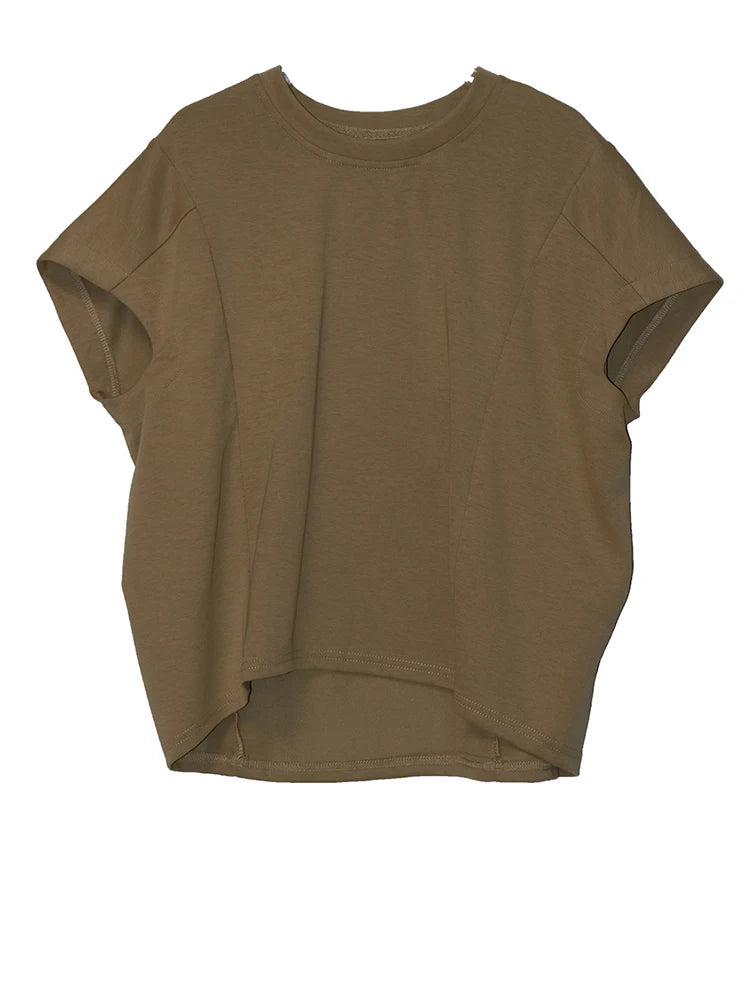 Women Black Irregular Hem Big Size Causal T-shirt New Round Neck Short Sleeve Fashion Tide Spring Summer 2025 1DJ1381