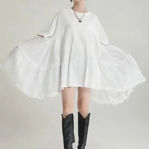 Load image into Gallery viewer, Women Black Ruffles Irregular Big Size Mini Dress New Round Neck Short Sleeve Fashion Tide Spring Summer 2025 1DH9574
