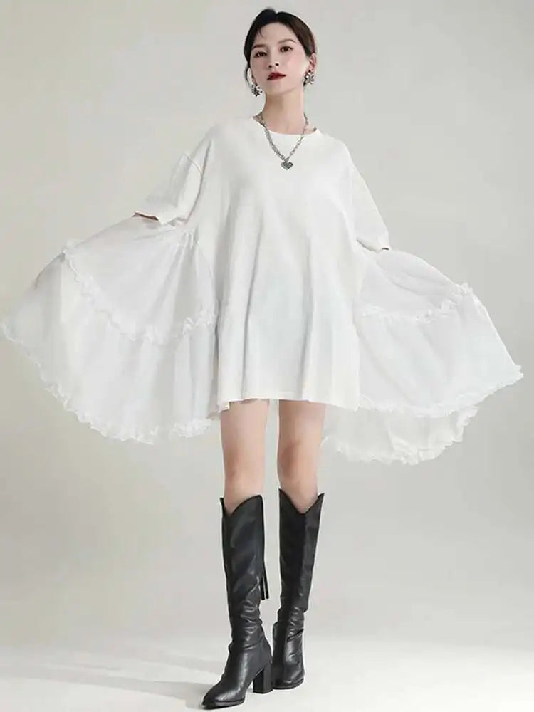 Women Black Ruffles Irregular Big Size Mini Dress New Round Neck Short Sleeve Fashion Tide Spring Summer 2025 1DH9574