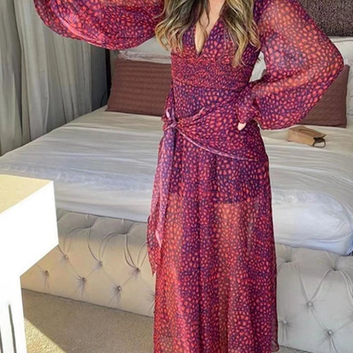 Load image into Gallery viewer, Vintage Purple Print Dress For Women V Neck Lantern Long Sleeve High Waist Ruched Slim Maxi Dresses Female 2022 Summer Style
