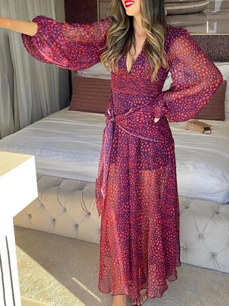 Vintage Purple Print Dress For Women V Neck Lantern Long Sleeve High Waist Ruched Slim Maxi Dresses Female 2022 Summer Style