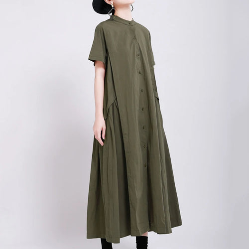 Load image into Gallery viewer, Women Army Green Pleated Elegant Long Shirt Dress New Stand Collar Short Sleeve Fashion Tide Spring Summer 2025 1DE8985
