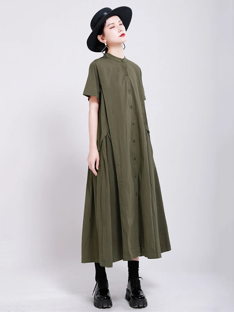 Women Army Green Pleated Elegant Long Shirt Dress New Stand Collar Short Sleeve Fashion Tide Spring Summer 2025 1DE8985