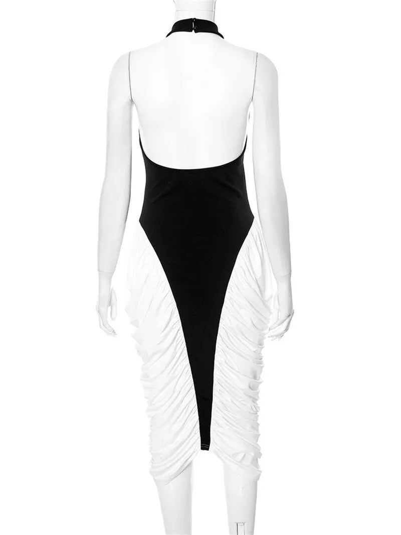 Patchwork Halter Backless Sexy Midi Dress Women Gown Elegant Fashion Contrast Color Sleeveless Pleated Long Dress