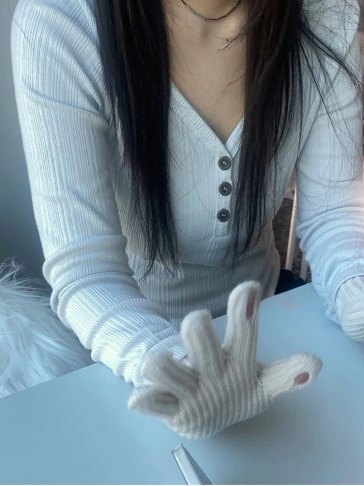 Autumn Y2k Aesthetic Vintage Solid Ribbed Tees Streetwear Half Open Collar Casual Tshirts Women Harajuku Grunge Bottoming Tops