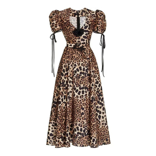 Load image into Gallery viewer, Leopard A Line Dresses For Women Square Collar Puff Sleece High Waist Patchwork Drawstring Dress Female Vintage
