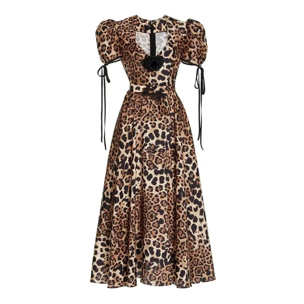 Leopard A Line Dresses For Women Square Collar Puff Sleece High Waist Patchwork Drawstring Dress Female Vintage