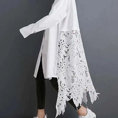 Load image into Gallery viewer, Women Black Back Lace Big Size Long Blouse New Stand Collar Long Sleeve Shirt Fashion Tide Spring Autumn 2025 1DH5873
