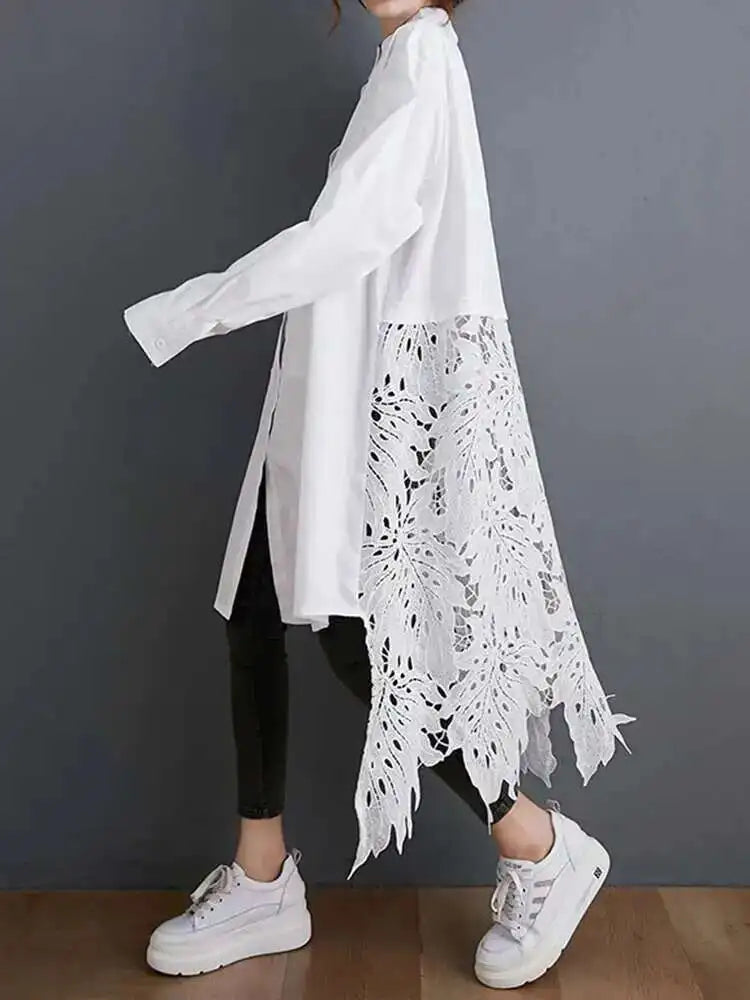 Women Black Back Lace Big Size Long Blouse New Stand Collar Long Sleeve Shirt Fashion Tide Spring Autumn 2025 1DH5873