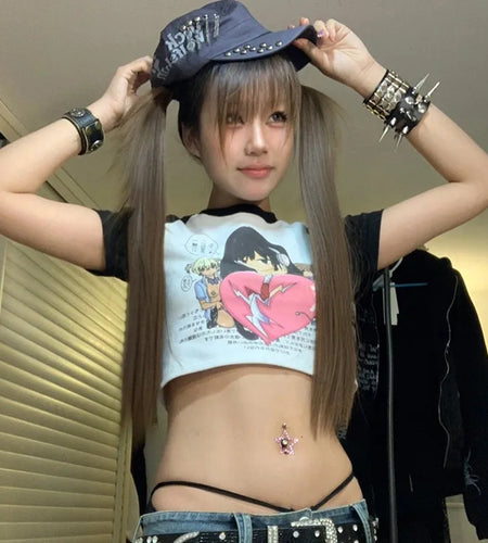 Japanese Y2k Anime Print Crop Top Trashy 2000s Graphic T Shirts Harajuku Short Sleeve Patchwork T-shirt Korean Popular