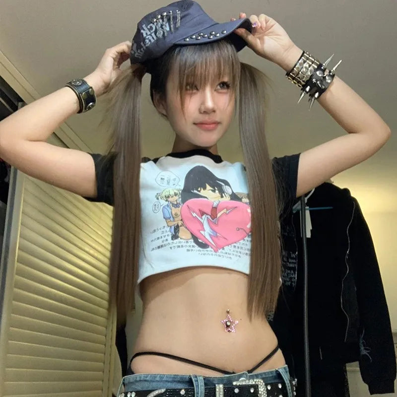 Japanese Y2k Anime Print Crop Top Trashy 2000s Graphic T Shirts Harajuku Short Sleeve Patchwork T-shirt Korean Popular