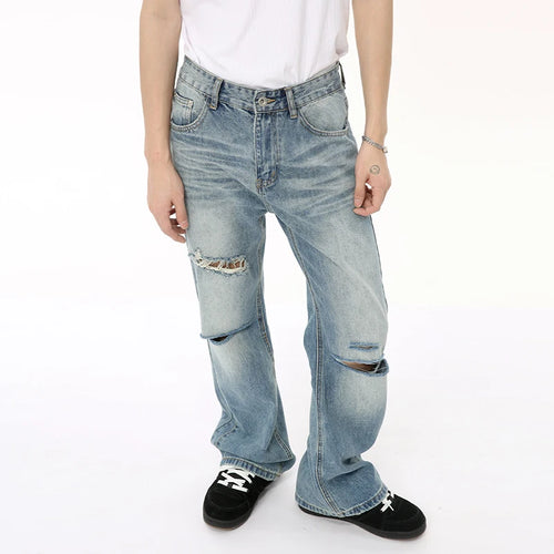 Load image into Gallery viewer, American Style Men&#39;s Denim Pants Casual Worn-out Hole Wide Leg Menwear Straight Solid Color Male Bottom Chic 9C6608
