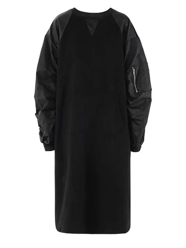 Women Army Green Color-block Big Size Midi Dress New Round Neck Long Sleeve Fashion Tide Spring Autumn 2025 CPG2092