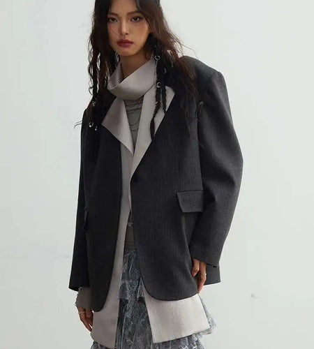 Women Black Irregular Big Size Blazer New Lapel Scarf Long Sleeve Fit Jacket Fashion Tide Spring Autumn 2025 1DH2113