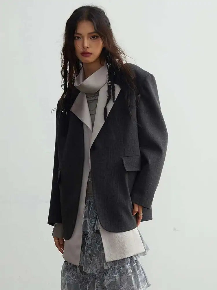 Women Black Irregular Big Size Blazer New Lapel Scarf Long Sleeve Fit Jacket Fashion Tide Spring Autumn 2025 1DH2113