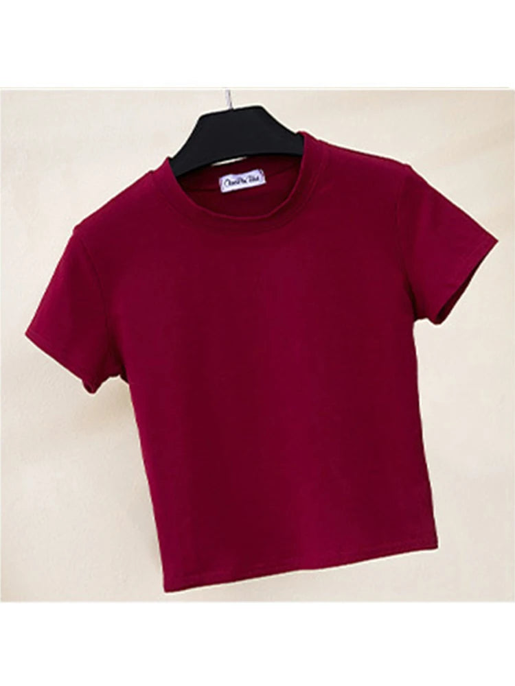 Green Crop Top T-Shirt Female Solid Cotton O-Neck Short Sleeve T-shirts for Women High Waist Slim Short Sport Femme T-Shirt