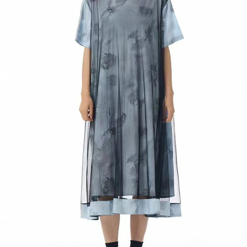 Load image into Gallery viewer, Women Blue Pattern Printed Mesh Big Size Midi Dress New Round Neck Short Sleeve Fashion Tide Spring Summer 2025 1DJ1326
