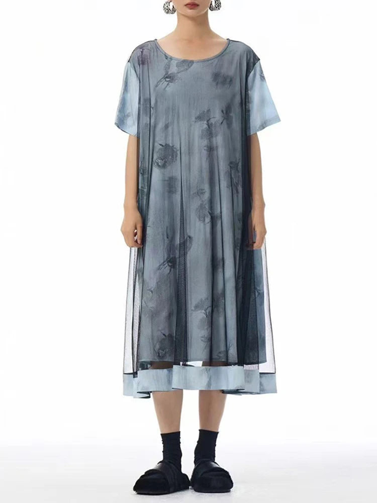 Women Blue Pattern Printed Mesh Big Size Midi Dress New Round Neck Short Sleeve Fashion Tide Spring Summer 2025 1DJ1326