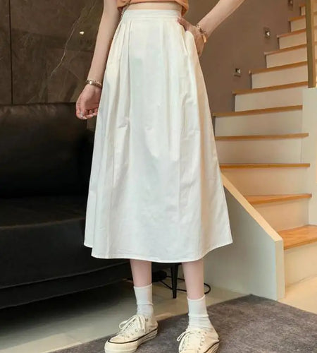 Spring Summer Women Solid Pockets Skirts Vintage High Waist Elastic Chic Long Cake A-line Versatile Mid Length Skirt For Student