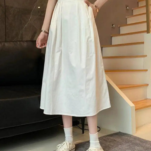 Load image into Gallery viewer, Spring Summer Women Solid Pockets Skirts Vintage High Waist Elastic Chic Long Cake A-line Versatile Mid Length Skirt For Student
