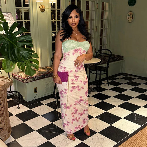 Load image into Gallery viewer, Lace Print Spaghetti Strap Sexy Maxi Dress Women Elegant Off-shoulder Sleeveless Backless High Waist Bodycon Dress
